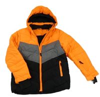Neonově oranžovo-šedo-černá lyžařská bunda s kapucí  