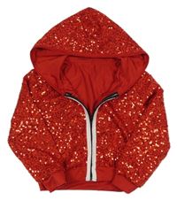 Červená flitrová propínací mikina s kapucí 