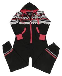 Nové - Černo-bílo-růžová tepláková kombinéza se vzorem a kapucí