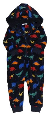 Tmavomodrá chlupatá kombinéza s dinosaury a kapucí M&S