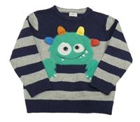 Tmavomodro-šedý pruhovaný svetr s příšerkou zn. F&F