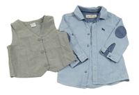 2set - Modrá košile + šedá plátěná slavnostní vesta H&M