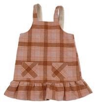 Růžovo-červené kostkované vlněné laclové šaty 