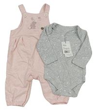 2Set - Růžovo-bílé pruhované laclové tepláky s králíčky + šedé melírované body s hvězdičkami Mothercare