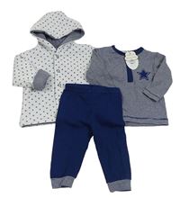 3Set - Bílý zateplený kabátek s hvězdičkami a kapucí + tmavomodro/bílé pruhované triko + tmavomodré tepláky s pruhy LITTL FELLA
