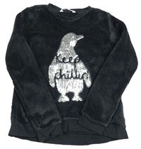 Černá chlupatá mikina s tučňáčkem z flitrů s nápisy H&M