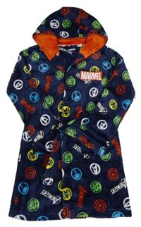 Tmavomodrý plyšový župan se znaky Avengers a logem a kapucí PRIMARK