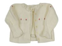 Smetanový žebrovaný pletený propínací svetr s kytičkami a bambulkami