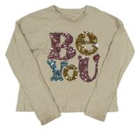 Světlebéžovo/šedé melírované triko s nápisem z překlápěcích flitrů F&F