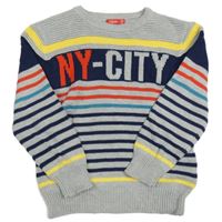 Šedo-barevný pruhovaný melírovaný žebrovaný  svetr s nápisem TisSAiA