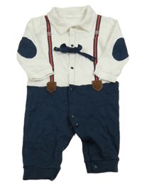 Tmavomodro-bílá tepláková slavnostní kombinéza s kšandami a motýlkem a límečkem