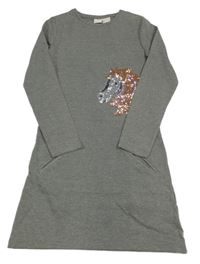 Šedé melírované teplákové šaty s koníkem z flitrů manguun