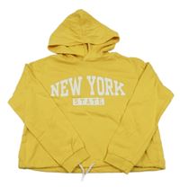 Tmavožlutá crop mikina s nápisy a kapucí H&M