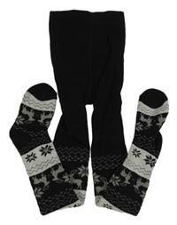 Černo-světlešedé zateplené punčocháče s vločkami a vzorem 