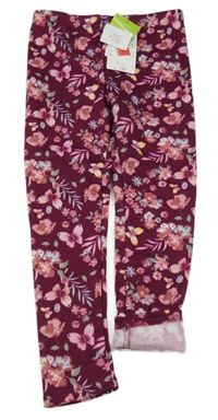 Nové - vínové teplákové zateplené legíny s kytičkami a motýlky dopodopo