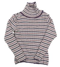 Smetanovo-starorůžovo-tmavofialový pruhovaný žebrovaný svetrový rolák Nutmeg