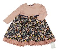 Nové - tmavomodro-pudrové šaty se zajíčky a kytičkami a volánkem s madeirou PRIMARK