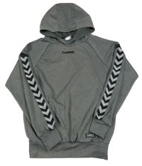 Šedá melírovaná sportovní mikina s logem a vzorovaným pruhem a kapucí hummel