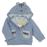 Nové - modrý vlněný propínací zateplený svetr s odepínací kapucí s čumáčkem boboli