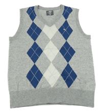 Šedo-tmavomodro-bílá melírovaná károvaná vlněná vesta s výšivkou H&M