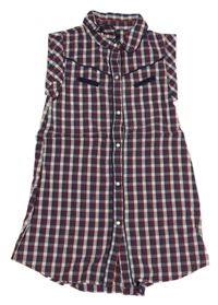 Tmavomodro-vínovo-bílé kostkované plátěné propínací košilové šaty TAPE 'A L'OEIL 