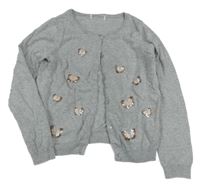 Šedý melírovaný propínací svetr s motýlky z flitrů H&M
