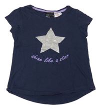 Tmavomodré crop tričko se stříbrnou hvězdičkou a nápisem H&M