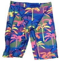 Modro-neonově růžovo-žluté puntíkaté nohavičkové plavky s palmami