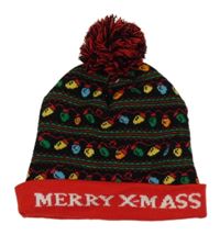 Černo-červená čepice se světýlky a bambulí