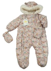 Nové - Růžová květovaná šusťáková zimní kombinéza s kapucí + rukavice F&F