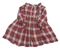 Béžovo-červeno-tmavomodré kostkované flanelové propínací šaty s volánky M&S