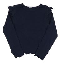 Tmavomodré žebrované triko s volánky