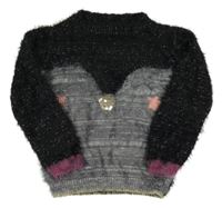 Černo-tmavošedý třpytivý chlupatý svetr s tučňákem s flitry M&S