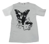 Bílé žebrované crop tričko s motýlem a kostkami