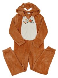 Hnědo-bílá chlupatá kombinéza s výšivkami květin a kapucí - liška