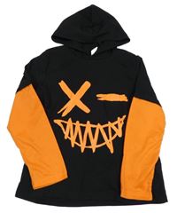 Černo-oranžové triko se smajlíkem a kapucí Shein