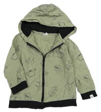 Khaki-černá propínací mikina s obrázky a kapucí 