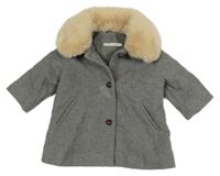 Šedý vlněný podšitý kabát s kožešinou 