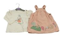 Nové - 2 set - smetanové triko s králíkem + růžové laclové manšestrové šaty s obrázky M&S