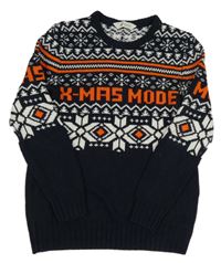 Tmavomodro-bílo-oranžový svetr s nápisem a norským vzorem H&M