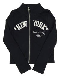 Tmavomodré žebrované propínací crop triko s nápisy River Island