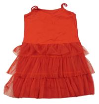 Červené žebrované šaty s tylovými volánky 