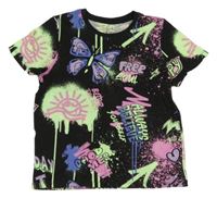 Černo-zeleno-růžové tričko s obrázky a graffiti Primark
