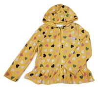 Žluto-barevná fleecová propínací mikina se srdíčky a kapucí Kids