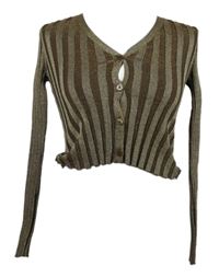 Dámské hnědo-zlatý pruhovaný žebrovaný propínací crop svetr Primark 