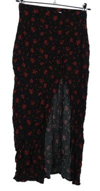 Dámská černo-červená kytičkovaná midi sukně s rozparkem 