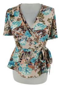 Dámská světlerůžovo-modrá květovaná peplum zavinovací halenka Monteau 