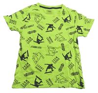 Neonově zelené tričko s panáčky a nápisy Y.F.K.