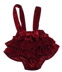 Červené sametové kraťasy s volánky a kšandami Shein