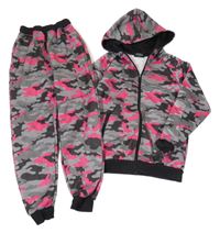 2 Set - Růžovo-černá army propínací mikina s kapucí + tepláky 